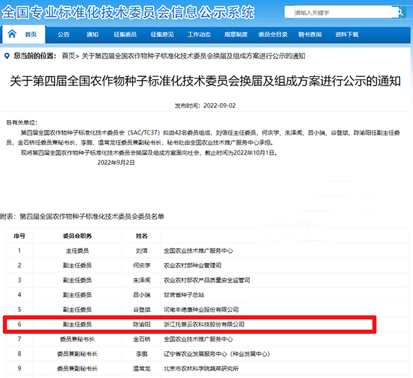 董事长陈渝阳入选全国农作物丝瓜视频网址在线观看版标准化技术委员会副主任委员